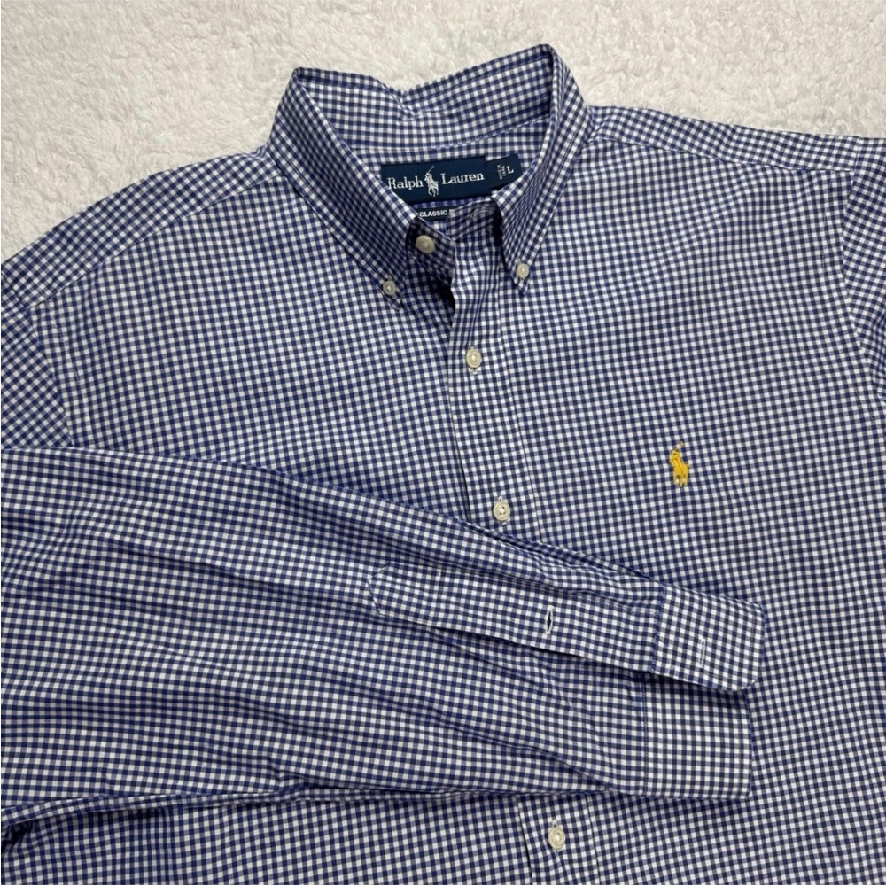 Polo Ralph Lauren Blue Gingham Check Button Up Long Sleeve Shirt Lg Pony‎ Logo